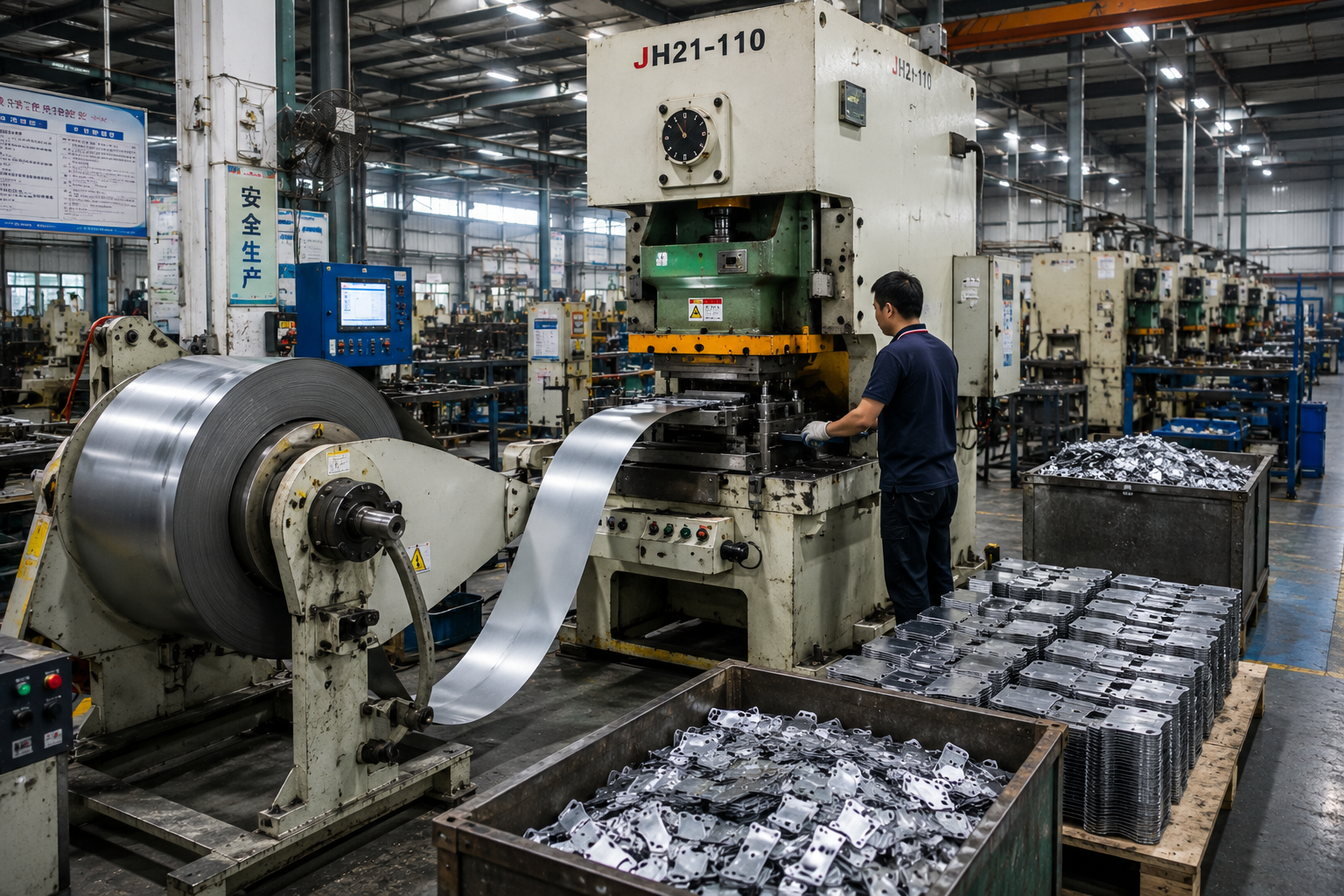 Coil-fed stamping press producing sheet metal parts in factory workshop