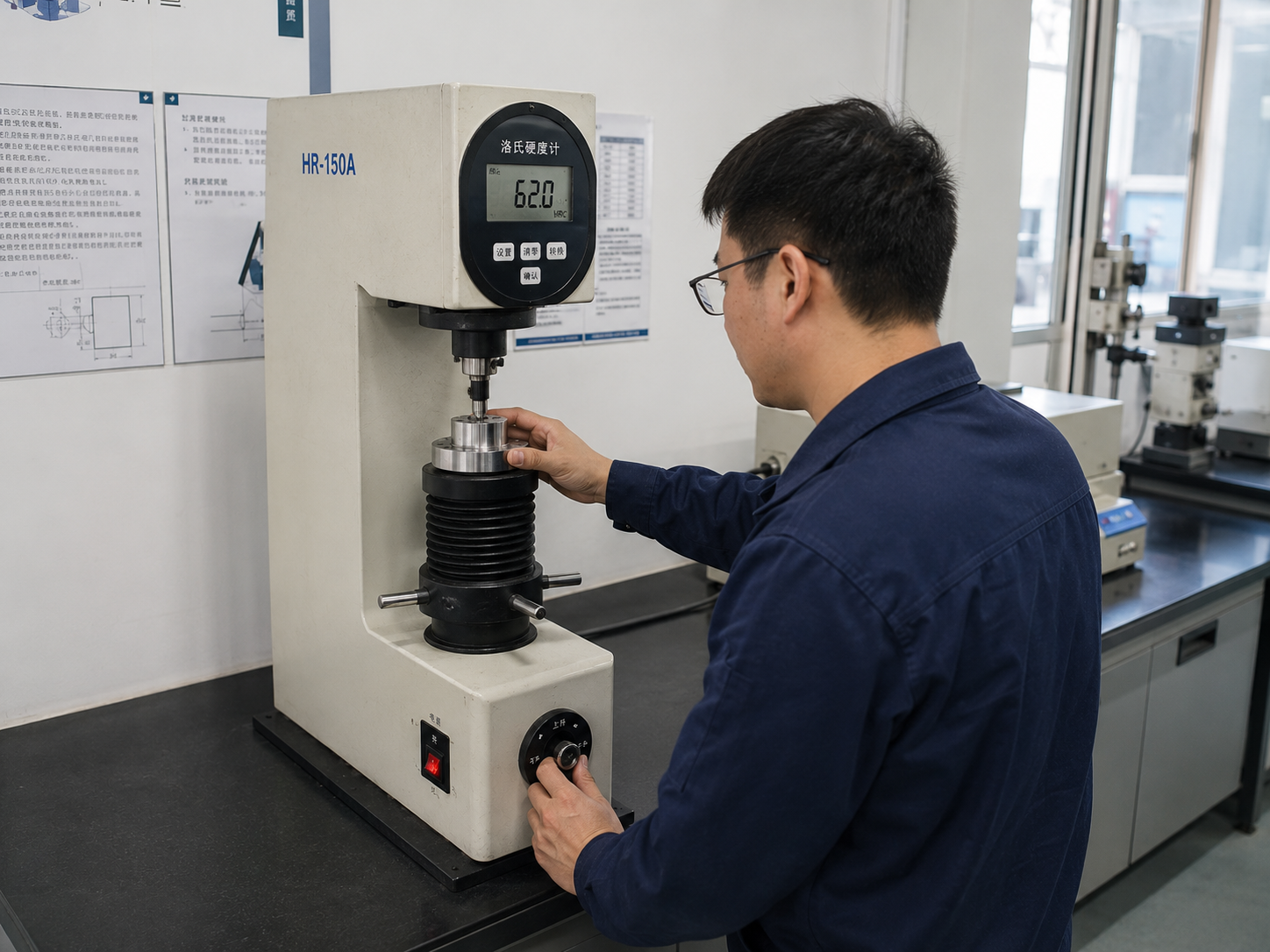 Operator performing hardness testing on a machined metal component