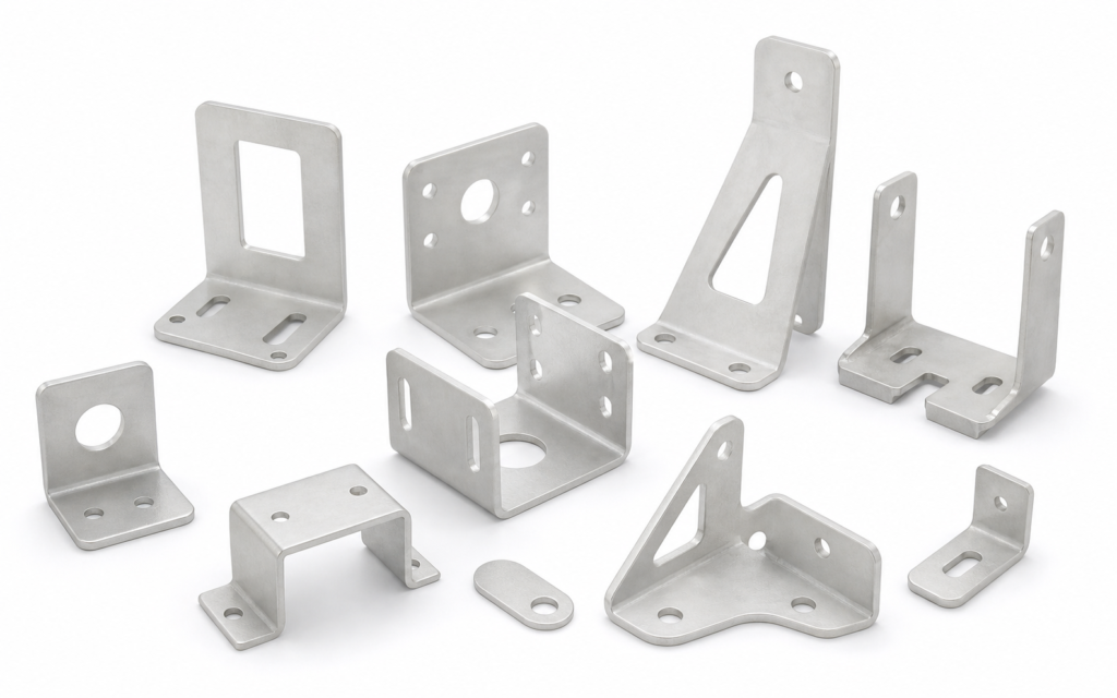 Aluminum laser cut and bent bracket workpieces on a white background