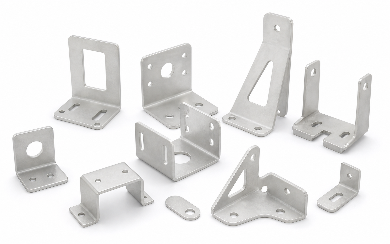Aluminum laser cut and bent bracket workpieces on a white background