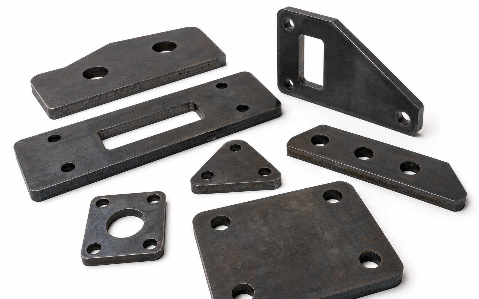 Carbon steel heavy laser cut plate workpieces on a white background