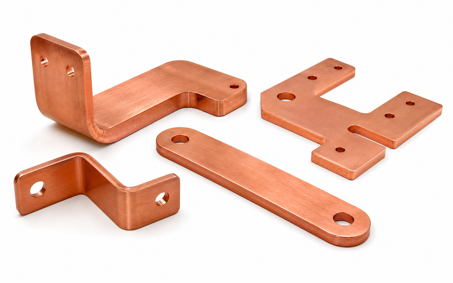 Copper busbar and connector workpieces on a white background