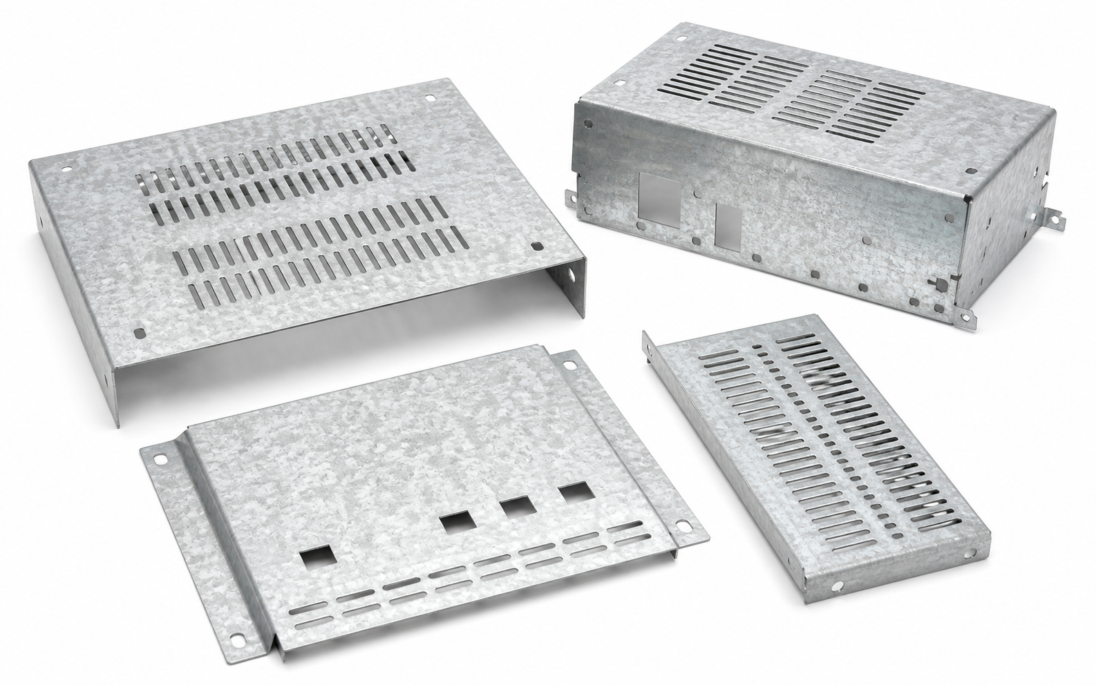 Galvanized steel vented sheet metal workpieces on a white background