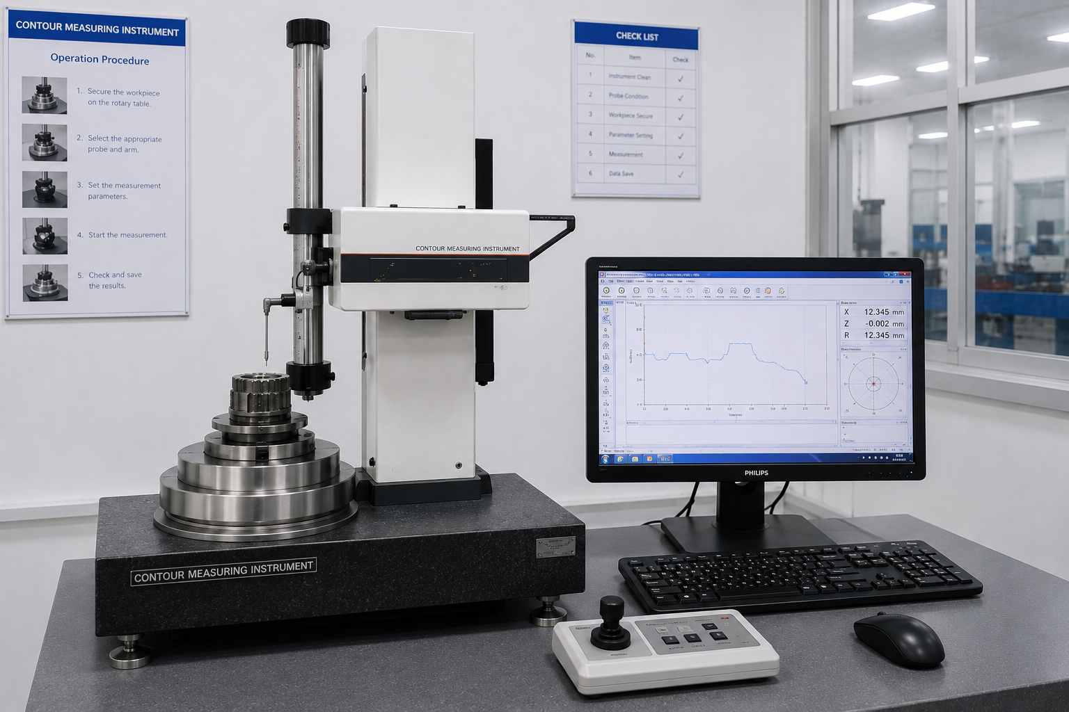 Contour measuring instrument used to inspect edge profile and custom metal part features