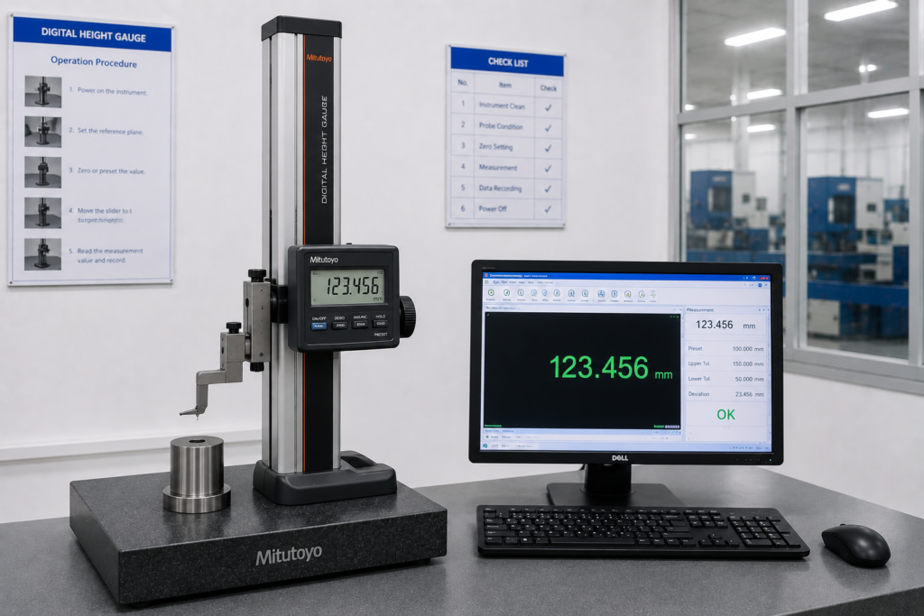 Digital height gauge used for in-process inspection of OEM custom parts