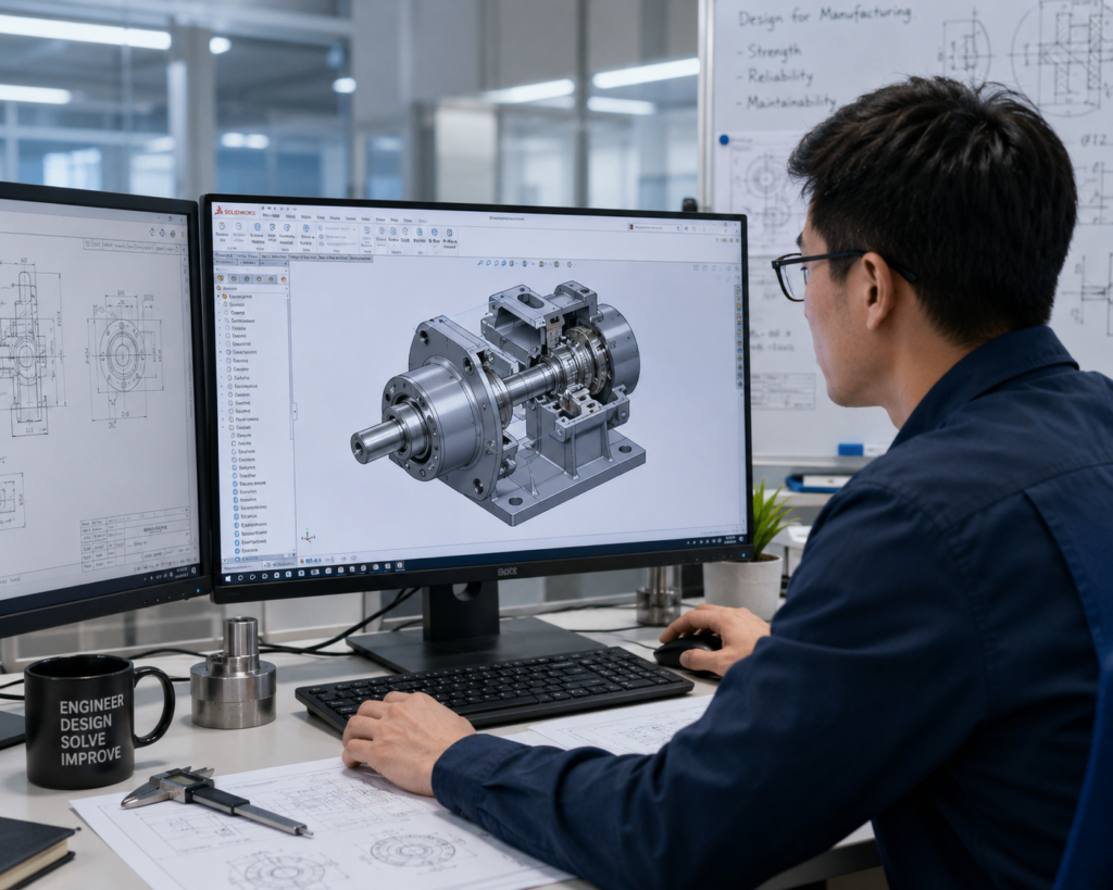 Engineer reviewing CAD model and drawings before OEM production change approval