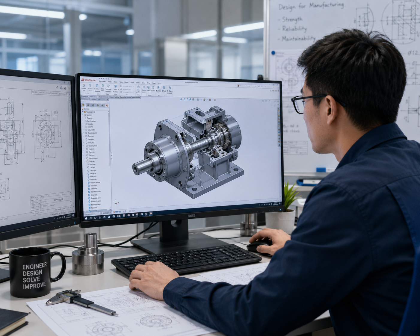 Engineer reviewing CAD model and drawings before OEM production change approval