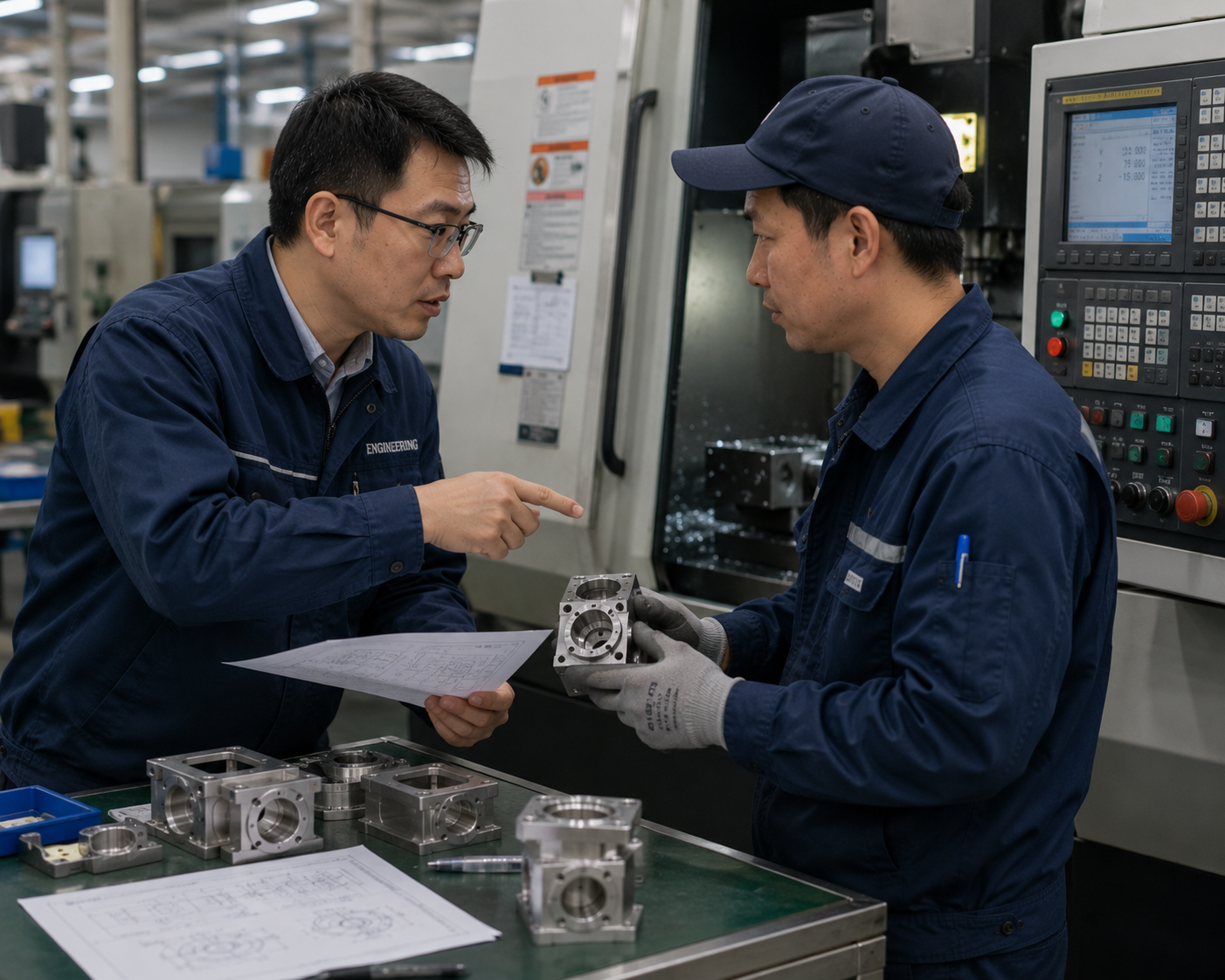 Engineering support reviewing custom machined parts on the shop floor