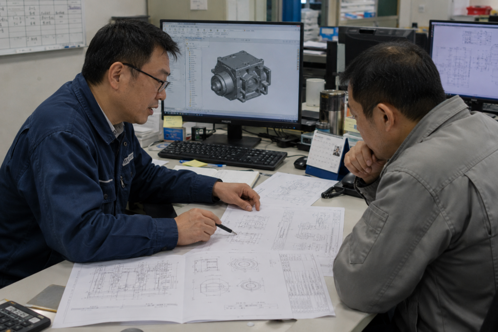 Manufacturing engineering meeting reviewing purchased components for OEM assembly