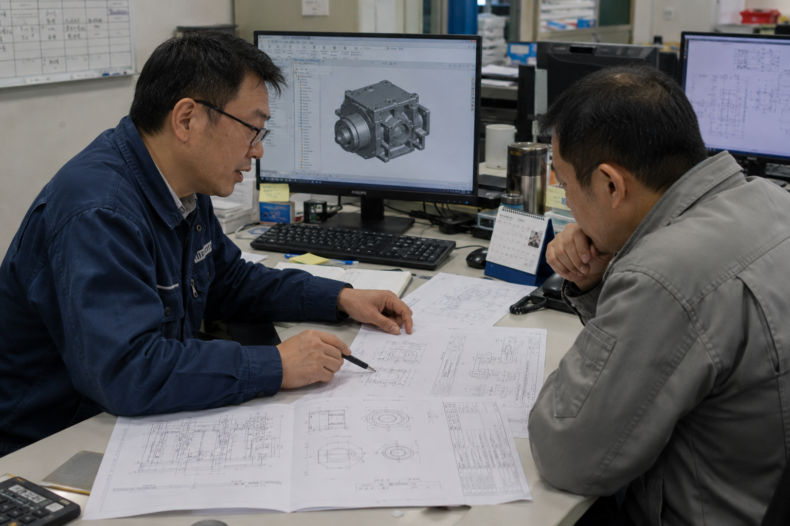 Manufacturing engineering meeting reviewing purchased components for OEM assembly