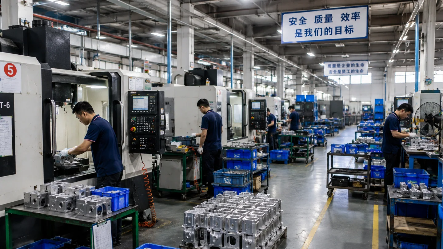 CNC machining production workshop with operators and machined housings at NBFEIYU