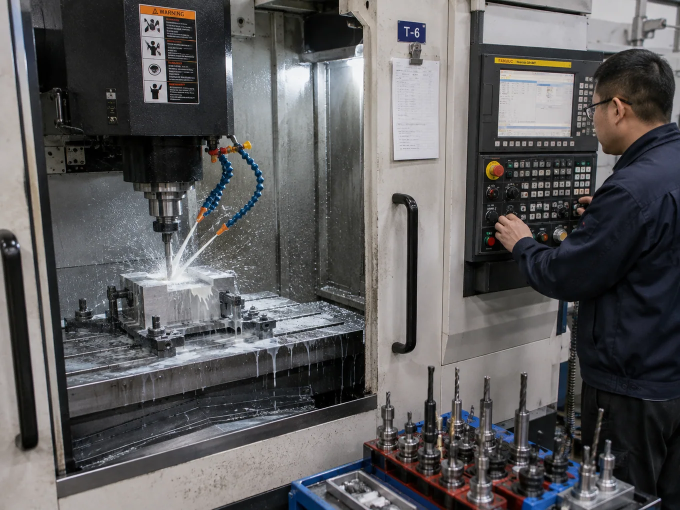 CNC machining center with a workpiece and an operator at the control panel