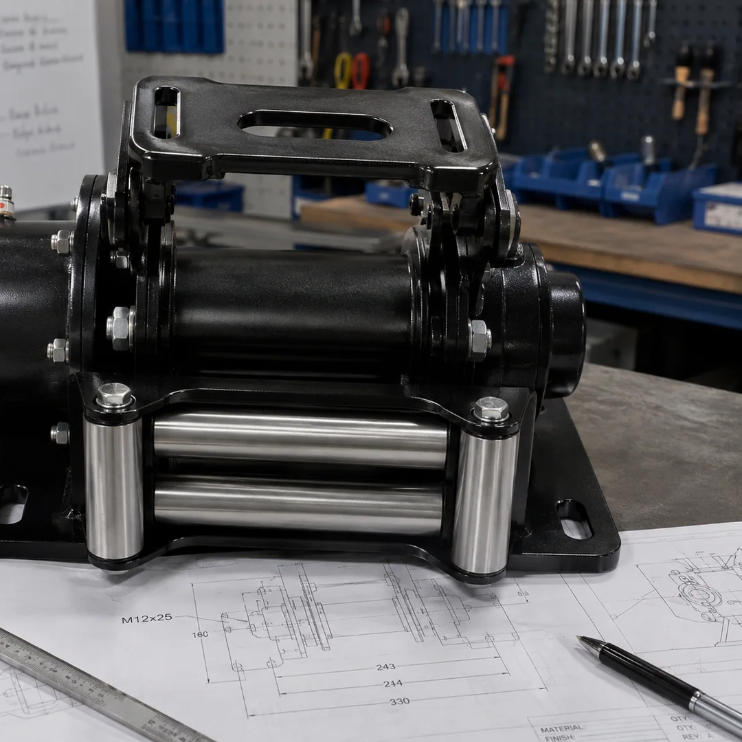 Complete mechanical winch assembly on an assembly workbench