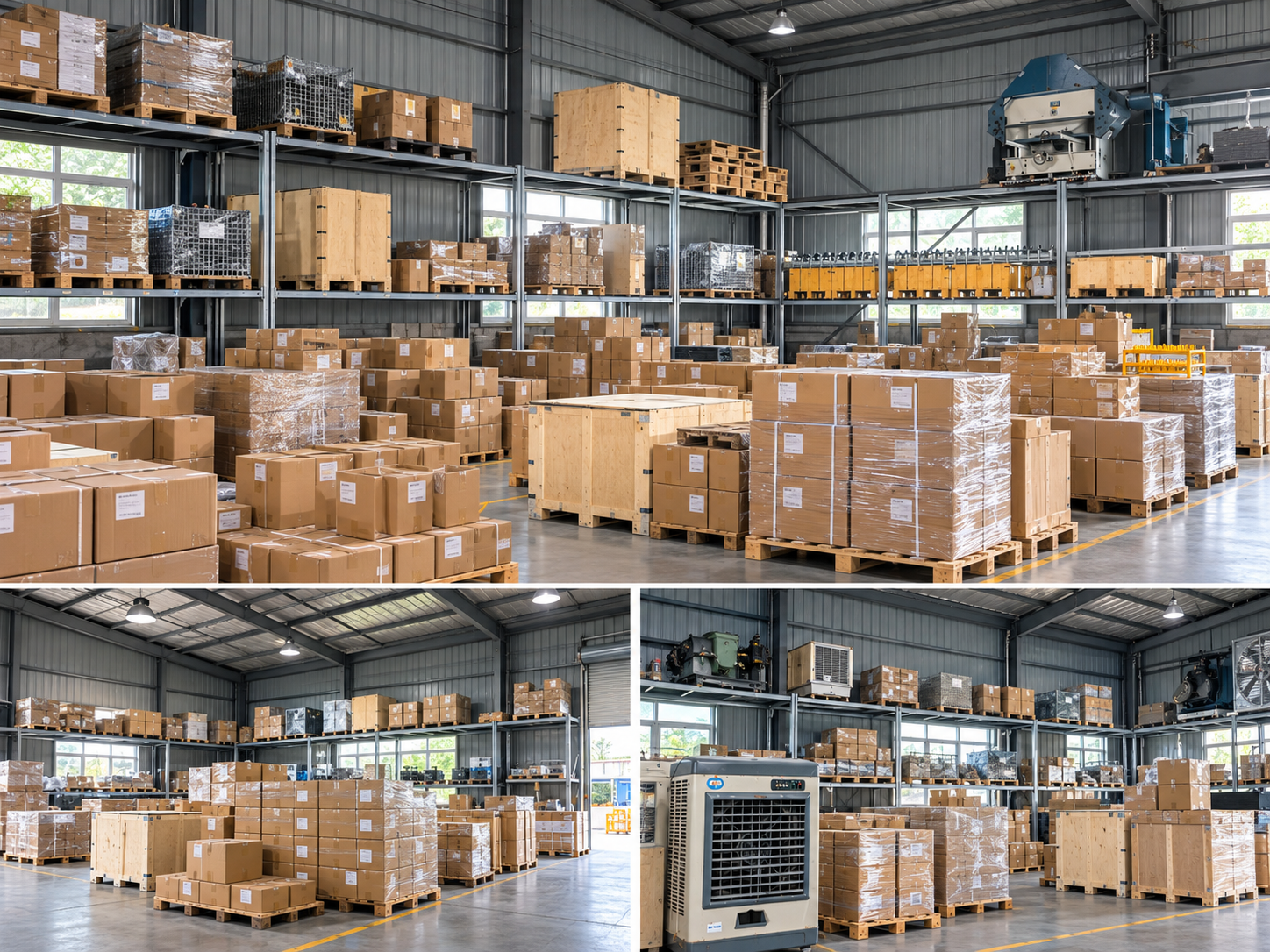 Three views of cartons, wrapped pallets and wooden cases in the NBFEIYU finished goods warehouse