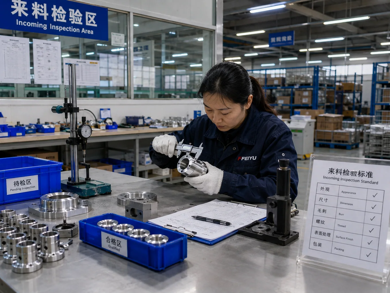 Incoming inspection of machined components with a caliper at NBFEIYU