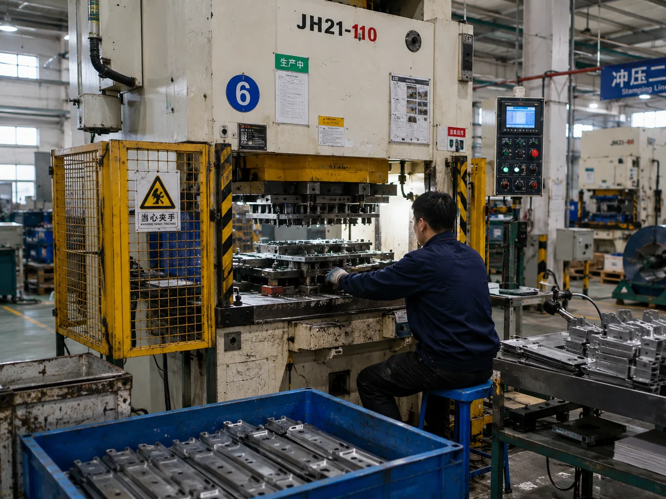 Metal stamping production line with operator and progressive tooling at NBFEIYU