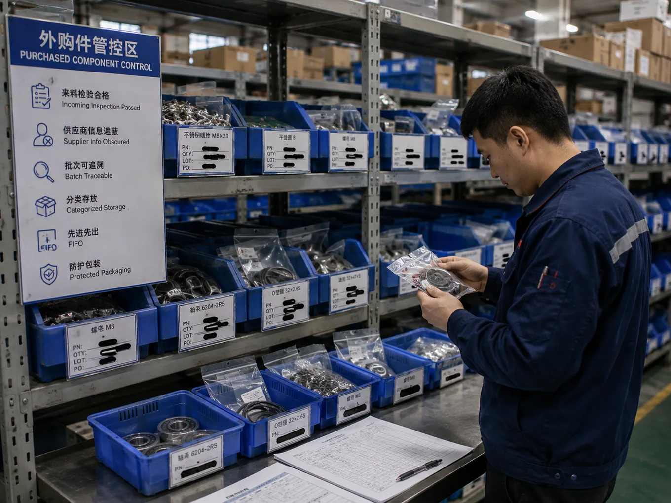 Purchased component control with traceable categorized storage at NBFEIYU